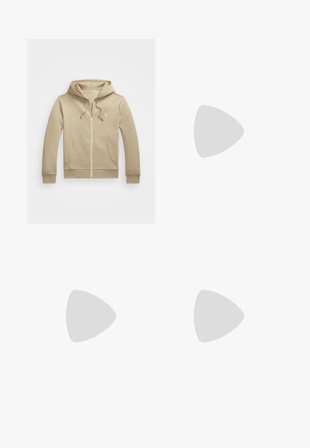Polo Ralph Lauren DOUBLE-KNIT FULL-ZIP HOODIE
 - Φούτερ με φερμουάρ - classic khaki; Λευκό πουκάμισο μακριά μανίκια με κουμπιά από βαμβάκι. Διαθέτει κλασικό γιακά, κουμπιά στα μανίκια και μικρό ναυτικό κεντημένο λογότυπο στο στήθος.; Μπέζ βαμβακερό παντελόνι με ίσια γραμμή, διαθέτοντας θηλιές για ζώνη, λεία μπροστινή πλευρά και ραμμένα τελειώματα. Λείο ύφασμα και ελάχιστος σχεδιασμός.; Καφέ δερμάτινο μποτίνι σκαφών με κορδόνια, χρυσές οπές και κρεμ καουτσούκ σόλα. Σχεδιασμένο με ανάγλυφο σχέδιο ραφής στη μύτη.