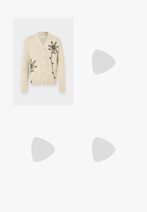 Beige knitted cardigan with a v-neck, featuring black floral embroidery and five buttons down the front. Ribbed sleeve cuffs and hem.; White button-up shirt with a collar, featuring subtle vertical stripes, long sleeves, a chest pocket, and classic rounded hem.; Wide-leg blue jeans made of denim with a faded finish. Features five pockets, a front button closure, and a straight cut.; Black leather loafers with a smooth texture, rounded toe, and a decorative strap across the vamp. Low stacked heel, minimalist design.