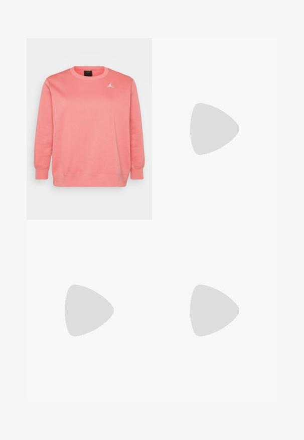 Koralené kabla iz mehkega materiala z okruglim izrezom, dolgimi rokavi in majhnim belim logotipom na prsih.; Svetlo siva majica s dugim rukavima izrađena od mekog pamuka. Ima slobodan kroj, okrugli izrez i blago nabrane manžetne. Bez uzoraka ili grafike.; Črne široke hlače iz lahkega materiala, z morsko modrim stranskim panelom in elastičnim pasom. Majhna bela oznaka na dnu.; Bele visoke teniske z masivnim, teksturiranim podplatom, z gladkim zgornjim delom, okroglim prstom in toniranimi vezalkami, postavljene na rumeno ozadje.