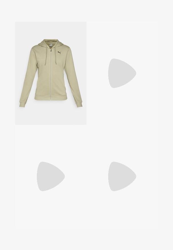 Lys olivengrønn zip-up hettejakke laget av mykt stoff, med kengurulomme, ribbestrikkede mansjetter, og en svart Puma-logo på brystet.; Svart t-skjorte med kort erm laget av bomull. Den har rund hals, avslappet passform og ren søm uten synlige mønstre eller hardvare.; Svarte, lette bukser med elastisk liv og rynkede ankler. Stoffet er glatt og har en avslappet, innsvingt design.; Sorte snøresko med tykk såle, med et glatt læroverdel, rund tå og distinkt lagdelt plattformdesign.
