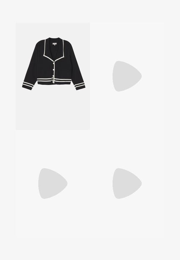 Sort cardigan med sjalskrave, hvid kontrastkant, fem knapper og stribede detaljer på ærmerne. Fremstillet af et blødt stof.; Langærmet hvid T-shirt med rund hals og "WEEKDAY" mærke på den indvendige krave, lagt fladt på en lys grå baggrund.; Sorte breddebenede bukser lavet af glat stof, med høj talje, læg og skræddersyet design. Enkel sort hardware i talje.; Sportsko med en overdel i hvid læder, grå ruskind på tåen og tre sorte striber. Har et blåt logo på tungen og en struktureret gummisål.; Sorte plastiksolkaber med grønne linser, firkantede stel, sølvaccent på brynene og teksturerede templede arme. Angivet mærke på den indre arm.