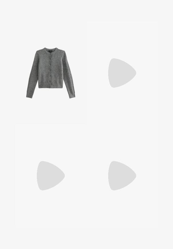 New Look CREW NECK - Strickjacke - grey; Schwarzes Kurzarm-T-Shirt aus weichem Stoff, mit Rundhalsausschnitt und lockerer Passform, glatter Textur und ohne Muster.; Schwarze weit geschnittene Jeans mit hoher Taille, ausgestattet mit Vorder- und Hintertaschen, gesteppten Nähten und einem Knopfverschluss. Glatte Textur.; Bershka High Heel Sandalette - black