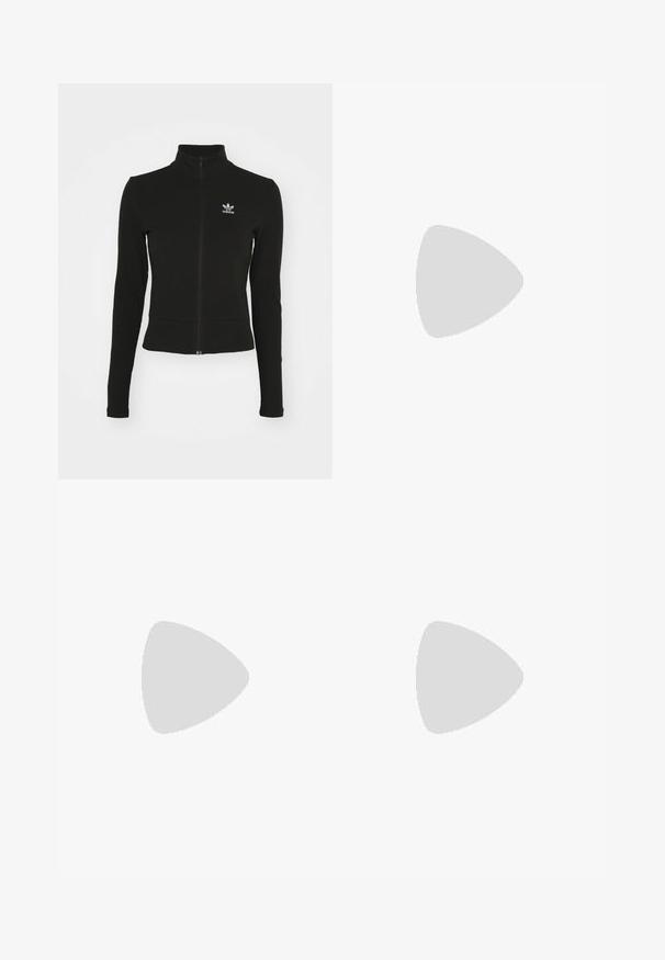 Black zip-up jacket with long sleeves, made of textured material, featuring a small blue Adidas logo on the left chest.; Black cotton t-shirt with short sleeves, round neckline, features a white Adidas logo on the chest. Simple design, relaxed fit.; Black wide-leg sweatpants made from soft fabric, featuring an elastic waistband and a small logo on the left side.; Black patent leather sneakers with three white stripes, black laces, and textured black sole, paired with olive green pants.