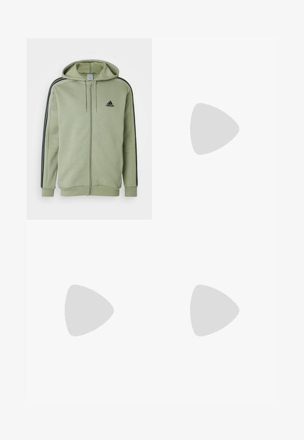 adidas Sportswear ESSENTIALS 3 STRIPES FULL ZIP - Camisola com fecho - tent green/black; Camiseta atlética branca de mangas curtas, feita de tecido que absorve a humidade. Apresenta um logótipo preto no lado esquerdo do peito e um decote interior com padrão.; Calças de treino pretas com um cós elástico, riscas laterais brancas e um pequeno logotipo branco na coxa. Feitas de um material leve e suave.; Tenis negros desportivos com um superior em malha texturizada, riscas brancas de destaque, sola acolchoada e um calcanhar reforçado para suporte.