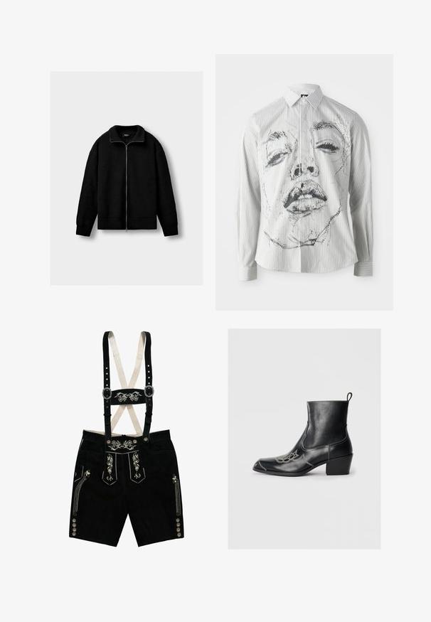 Schwarze, gestrickte Zip-Jacke mit langen Ärmeln und geripptem Kragen, Bündchen und Saum, präsentiert vor einem schlichten, hellgrauen Hintergrund.; Gestreiftes Langarmshirt mit einer monochromen Gesichtsillustration auf der Vorderseite. Der Stoff ist glatt, mit einem klassischen Kragen und Knopfdetails.; Schwarze Wildleder-Lederhosen mit gestickten Blumenmustern, verstellbaren Trägern, silbernen Knöpfen und Seitentaschen. Akzente aus silbernem Faden.; Schwarze Lederstiefeletten mit quadratischer Zehenform, dekorativen Nähten und einem niedrigen Blockabsatz. Mit einer Schlaufe zum einfachen Anziehen.