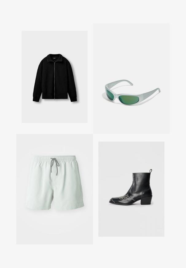 Juodas megzto užtrauktuko švarkas su ilgomis rankovėmis, raštuota apykakle, rankogaliais ir hemu, pateiktas prieš vienodą šviesiai pilką foną.; Dryžuota ilgomis rankovėmis marškinėliai su monochromine veido iliustracija priekyje. Audinys lygus, su klasikiniu apykakle ir sagų detalėmis.; Šviesiai žali maudymosi šortai su elastinga juosmena, reguliuojamomis raišteliais ir šoninėmis kišenėmis. Lygi tekstūra, aukščiau kelių ilgio.; Juodos odinės ankle batai su kvadratiniu pirštu, dekoratyviomis siūlėmis ir žemu blokiniu kulnu. Turės trauktuką, kad būtų lengva apsiauti.; Arnette CATFISH - Akiniai nuo saulės - metallic silver