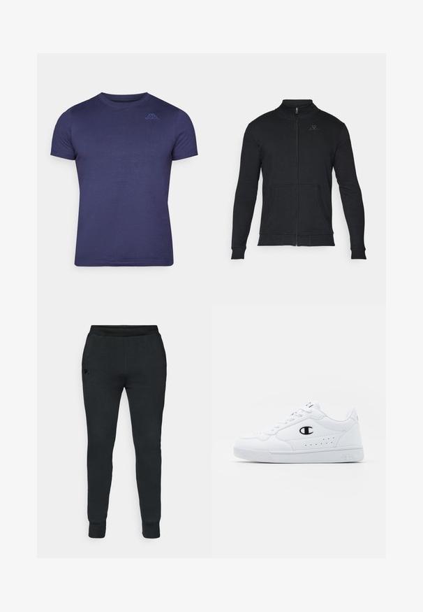 Svart zip-up sweatshirt med hög krage, långa ärmar, två framfickor och en diskret logo på bröstet. Slät bomullstextur.; Mörkblå t-shirt med kort ärm, tillverkad av mjukt material, med en liten broderad logotyp på bröstet och en klassisk rund halsringning.; Svarta sweatshirtbyxor med en tapered design, elastisk midja, ribbad manschett och en liten logotyp på vänster höft. Mjuk tygtextur.; Vita atletiska sneakers med en slät syntetisk ovandel, svart logotypdetalj och perforerade detaljer på sidan. Gummisula.