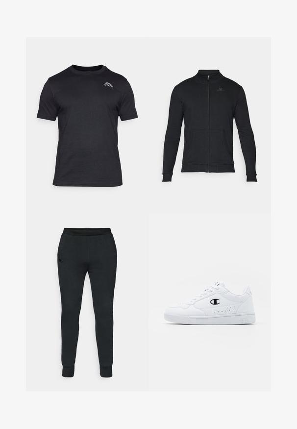 Felpa nera con zip, colletto alto, maniche lunghe, due tasche frontali e un logo sottile sul petto. Tessuto in cotone liscio.; T-shirt in cotone nero con maniche corte e scollatura rotonda. Presenta un piccolo logo bianco sulla parte superiore sinistra del petto. Texture liscia.; Pantaloni tuta neri con design affusolato, vita elastica, polsini a coste e un piccolo logo sulla parte anteriore dell'anca sinistra. Tessuto morbido.; Sneakers atletici bianchi con pelle sintetica liscia, accento del logo nero e dettagli perforati sul lato. Suola in gomma.