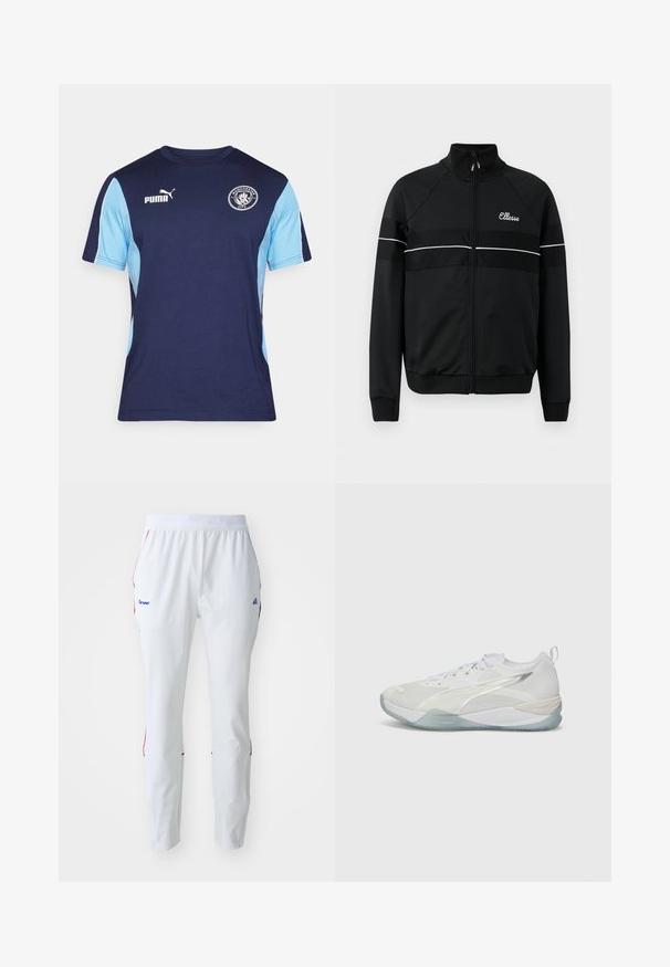 Must mustrakk musta kõrgkaelusega, esikinnise ja valgete aktsenttriipudega rinna piirkonnas. Vasakul küljel on logo.; Tumesinine ja helesinine lühikeste varrukatega t-särk, mis on valmistatud puuvillast, ringikujulise kaelusega, Puma logo ja Manchester City embleemiga rinnal.; Valged spordipüksid elastse vöökoha ja punaste ning siniste aktsentidega külgõmblustel, kirjaga vasakul puusal.; Valge spordijalats, millel on võrgust ülemine osa, tekstuuriga kattekiht ja poolkasutamiseks läbipaistev tald. Omab paeltega sulgemist ja tagumist tõmbenööri, et kanda oleks mugav.