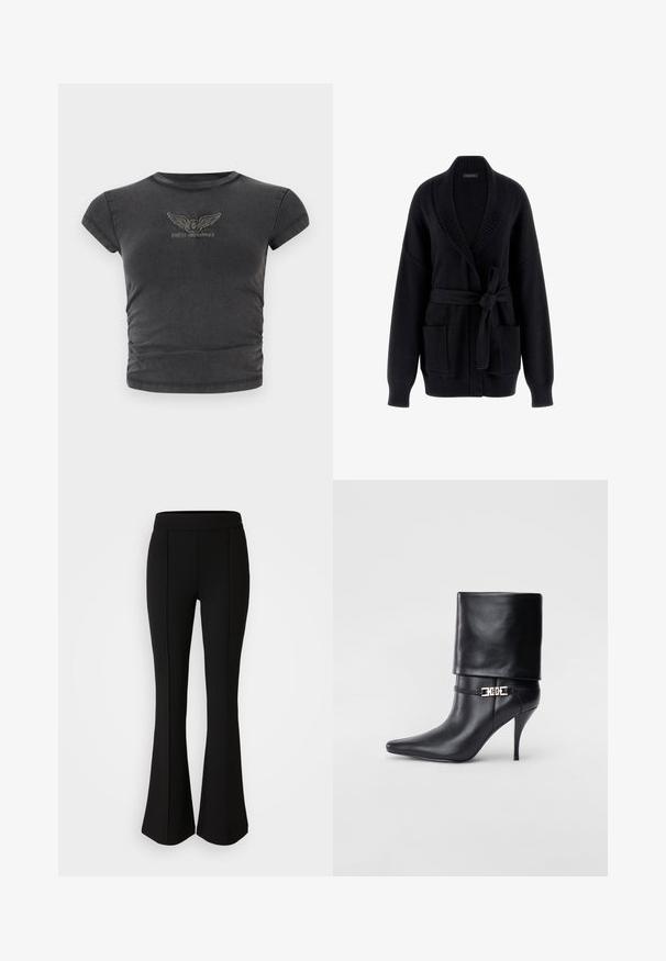 Mustast kootud kampsun sallikaeluse, pikkade varrukate, vööga ja kahe esitaskuga. Omadused hõlmavad soonilisi varrukaotsi ja vöökohal soonikut, mis lisab struktuuri.; Must have topelt t-särk lühikeste varrukatega, mis on valmistatud pehmest kangast. Riiet on kaunistatud tikitud tiibadega logoga, mille kohal on kaarjas kiri "GUESS ORIGINALS".; Mustad flared püksid, mis on valmistatud elastsetest materjalidest, millel on sile tekstuur. Ees on õmbluste detailid, mis lisavad disaini.; Mustad nahast pahkluu saapad terava nina, kõrge stilettokanna, volditud äärega ja kuldse dekoratiivse pandlaga pahkluul.