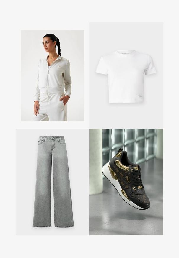 Valge lukuga jope, millel on peen muster, soonikuga varrukad ja krae. Rinnal on väike kolmnurkne logo. Stiliseeritud koos sobivate pükstega.; Valge lühike t-särk, mis on valmistatud siledast puuvillast, kõrge kaelusega ja lühikeste varrukatega. Väike tikand logoga alumises nurgas.; Hallux laiad teksad, mis on valmistatud denimist, viie taskuga, kõrge vöökohaga ja kergelt pleekinud viimistlusega, nähtavate õmblustega.; Mustad mustressid kuldsete aktsentidega, millel on tekstuuriga logo muster, metallist detailid ja täiendatud valge tallaga.