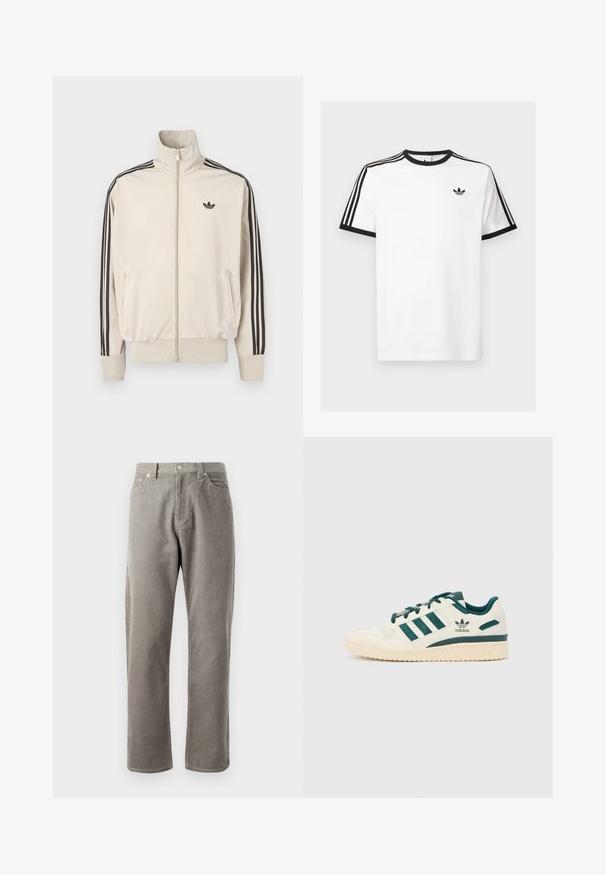 Jachetă bej cu fermoar, realizată dintr-un material neted, având accente negre cu trei dungi pe mâneci și un mic logo negru pe piept.; Tricou alb din bumbac cu guler și mâneci ribbate negre, având trei dungi negre pe fiecare umăr și un mic logo pe piept.; Pantaloni din corduroy gri, cu croială dreaptă, având talie înaltă, buzunare frontale și o textura subtilă cu nervuri verticale.; Adidași albi cu accente verzi. Prezintă trei dungi verzi, vârf texturat și logo pe lateral. Talpă din cauciuc cu model texturat.