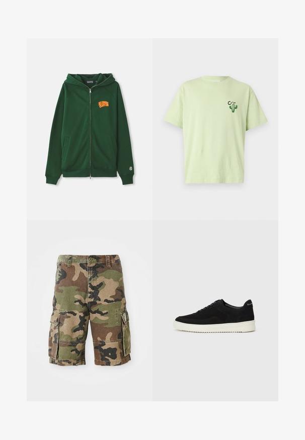 Tmavě zelená mikina na zip s oranžovým logem "Billionaire Boys Club" na hrudi a malou kulatou nášivkou na levém manžetu.; Světle zelené tričko vyrobené z bavlny, s krátkými rukávy a grafikou kaktusu se slovem "CLOSED" v černé barvě poblíž levého prsou.; Kavalní cargo kraťasy v maskáčovém vzoru s dvěma bočními kapsami a poutky na opasek, předním zapínáním na knoflík a prošívanými detaily.; Černé semišové tenisky s krajkovým designem a kontrastní bílou gumovou podrážkou. Obsahují texturované boční panely a jemné branding na patě.