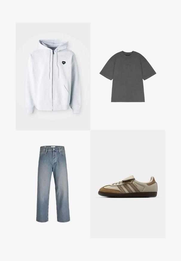 Gray zip-up hoodie made of soft fabric, featuring a heart-shaped black logo on the left chest and kangaroo pockets.; Gray oversized t-shirt made of cotton, featuring short sleeves, a crew neckline, and a subtle brand logo printed on the front.; Light blue denim jeans with a loose fit, high waist, and straight legs. Features front pockets and a metal button closure.; Brown and cream athletic shoe with three beige stripes, suede and leather materials, lace-up design, and rubber sole. Text logo on side.