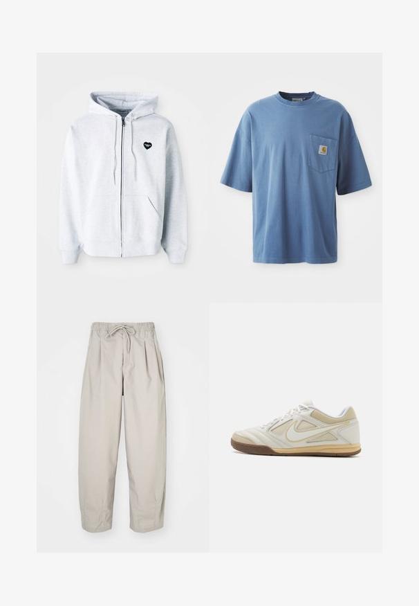 Sweatshirt cinzento com fecho, feito de um tecido suave, apresentando um logo preto em forma de coração no lado esquerdo do peito e bolsos tipo canguru.; T-shirt de algodão azul com decote redondo, mangas curtas e um bolso no lado esquerdo do peito, apresentando um patch com logo. Textura suave e corte descontraído.; Calças leves, bege, com cintura elástica e cordão. Apresenta pregas e um corte largo, confeccionadas em tecido suave e liso.; Sapatilha atlética branca com um upper texturizado, detalhes em cinza, design de atacadores e sola de borracha bege. Apresenta um logótipo distintivo na lateral.