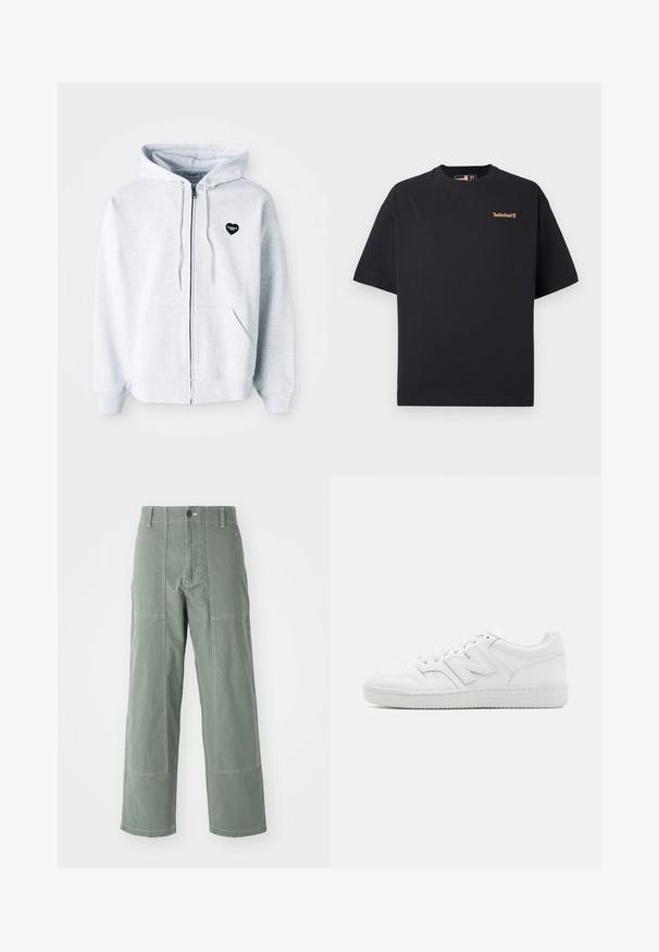 Grå hettejakke med glidelås laget av myk stoff, utstyrt med et hjerteformet svart logo på venstre bryst og kengurulommer.; Svart t-skjorte med kort erme og rund hals fra Timberland, med en liten beige logo på øvre venstre bryst, vist på hvit bakgrunn.; Grønne cargo-bukser med en avslappet passform, med lommepatcher, kontrasterende sømmer, frontlukking med knapp og rett ben-design.; Hvit sneakers laget av glatt lær, med perforert tå, en teksturert gummisåle, flate lisser og en fremtredende 'N' logo på siden.