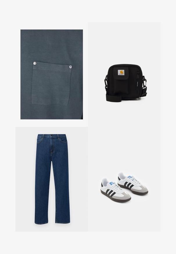 Gray zip-up hoodie made of soft fabric, featuring a heart-shaped black logo on the left chest and kangaroo pockets.; Dark gray cotton t-shirt featuring a chest pocket with a silver snap button and a smooth texture. Seam details are visible around the pocket.; Dark blue straight-leg denim jeans with front pockets and a button closure, displayed on a plain white background.; Sport shoes with a white leather upper, gray suede toe, and three black stripes. Features a blue logo on the tongue and a textured rubber sole.; Black crossbody bag made of durable fabric, featuring a front pocket, zipper closure, and adjustable strap. Includes logo patch detail.