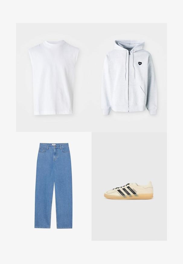 Sivi dukserica s patentnim zatvaračem, izrađena od mekog materijala, s crnim logotipom u obliku srca na lijevoj strani prsnog koša i kengur džepovima.; Bijela bezrukavna majica od pamuka s okruglim izrezom, opuštenog kroja i glatke teksture. Jednostavan dizajn bez uzoraka ili dodataka.; Svijetloplave traperice ravnog kroja, s dizajnom od pet džepova, zatvorenjem na jedan gumb i suptilnim detaljima šivanja na šavovima.; Svijetlosmeđi tenisice s crnim dizajnom tri pruga, teksturirana gornja strana, okrugli vrh i đon od gume. Ima vezice i brendiranje sa strane.