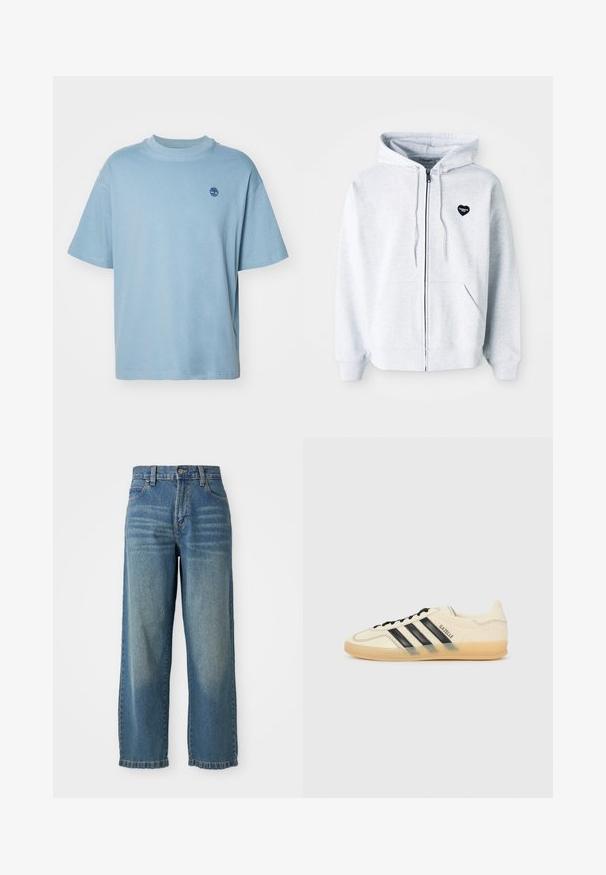 Sivý zipsovací hoodie vyrobený z jemného materiálu, s čiernym logom v tvare srdca na ľavej hrudi a klokankovými vreckami.; Svetlomodré tričko s krátkym rukávom vyrobené z mäkkého materiálu. Má okrúhly výstrih a malé tmavomodré logo stromu na ľavej hrudi.; Svetlo modré denimové nohavice s širokými nohavicami a vysokým pásom, s piatimi vreckami a mierne vyblednutým povrchom. Obsahujú zapínanie na gombík a zips.; Svetlo krémové tenisky s čiernym trojprúžkom, textúrovaným vrchom, okrúhlou špičkou a gumovou podrážkou. Obsahujú šnúrky a branding na boku.