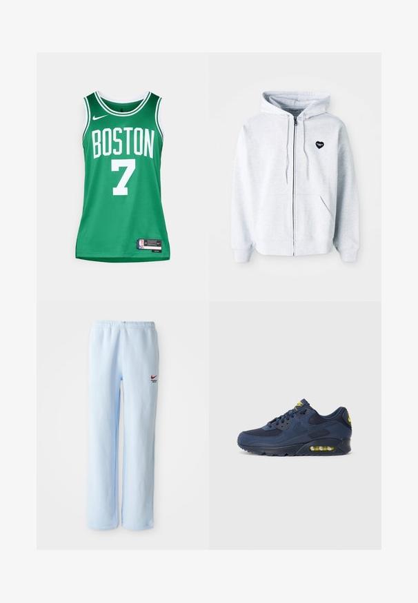 Hoodie gris zippé en tissu doux, avec un logo noir en forme de cœur sur la poitrine gauche et des poches kangourou.; Maillot de basket-ball vert avec lettrage blanc. Affiche "BOSTON" et le numéro "7". Fabriqué en matériau en mesh respirant, avec un logo et une étiquette Nike.; Pantalons de survêtement bleu clair avec une taille élastique, ornés d'un petit logo Nike rouge et du texte "Département Athlétique". Matériau en coton doux.; Baskets Nike Air Max bleu marine avec une tige en suède et en maille, présentant des accents jaunes, un devant à lacets et un partiellement visible amorti d'air dans la semelle.