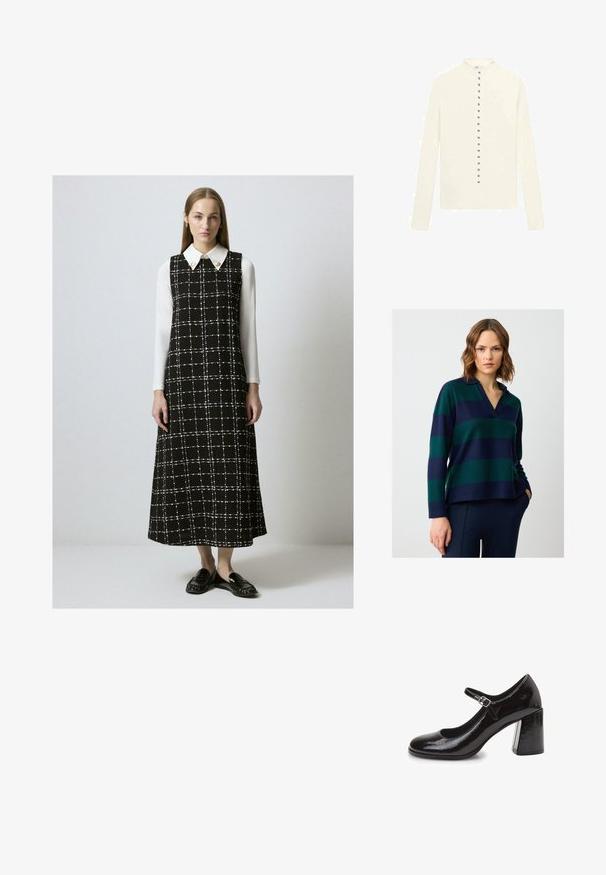 Cardigan crème à manches longues avec un col rond et une rangée de boutons métalliques au centre. Texture lisse, sans motifs.; Pull-over rayé avec un col en V, arborant des rayures alternées de bleu marine et de vert. Fabriqué en matériau doux avec une coupe décontractée. Manches longues.; Femme portant une robe sans manches à carreaux noir et blanc sur une chemise blanche à manches longues, associée à des mocassins noirs, se tenant devant un fond uni.; Chaussures Mary Jane en cuir verni noir avec un bout arrondi, une sangle de cheville avec une boucle en métal et un talon bloc épais. Texture lisse et brillante.