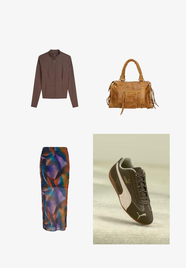 Veste marron à manches longues avec fermeture éclair sur toute la longueur, col montant et deux poches avant, posée à plat sur un fond blanc.; Un haut sans manches marron avec un col en scoop et une texture froncée, associé à un pantalon cargo vert olive avec cordon de serrage.; Jupe crayon multicolore en tissu fluide et transparent avec des motifs abstraits en bleu, orange et violet. Taille élastique avec fentes sur les côtés.; Sneaker Puma marron avec une rayure et un logo beige, lacé, reposant sur une surface beige texturée.; Sac à main en cuir tan avec deux poignées courtes, poche zippée, accents en métal et glands décoratifs sur les côtés. Texture douce avec une finition légèrement froissée.