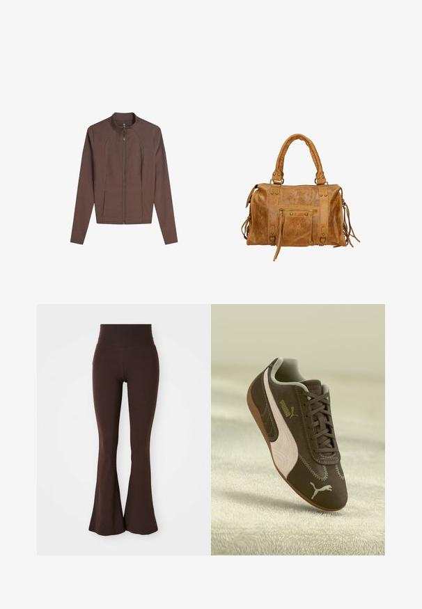 Brown long-sleeve jacket with full front zipper, stand collar, and two front pockets, laid flat on a white background.; White long-sleeve top made of smooth fabric. Features a round neckline, dropped shoulders, and a relaxed fit with slightly curved hem.; Brown flared leggings made from soft, stretchy fabric, featuring a high waistband and a fitted silhouette that flares at the ankle.; Brown Puma sneaker with beige stripe and logo, laced, resting on a textured beige surface.; Tan leather handbag with two short handles, zip pocket, metal accents, and decorative side tassels. Soft texture with a slightly wrinkled finish.