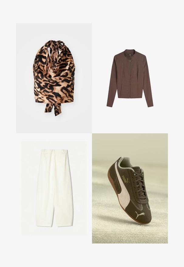 Brązowa kurtka z długim rękawem, z pełnym zapięciem na zamek z przodu, stójką i dwiema kieszeniami z przodu, leżąca płasko na białym tle.; Chusta w panterkę o lekkiej, jedwabistej strukturze w odcieniach czerni i beżu; zawiązana na górze małym kokardą.; Szerokie spodnie w miękkim kremowym materiale, z gładką teksturą, przednimi kieszeniami oraz luźnym krojem z średnim stanem.; Brązowe sneakersy Puma z beżowym paskiem i logo, sznurowane, spoczywające na teksturowanej beżowej powierzchni.