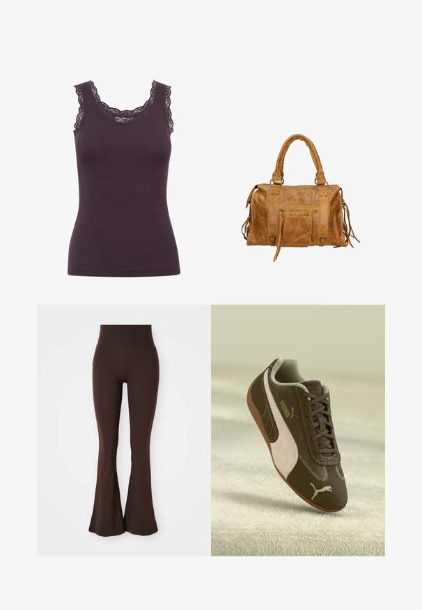 Brown long-sleeve jacket with full front zipper, stand collar, and two front pockets, laid flat on a white background.; Dark purple ribbed tank top with a rounded neckline and intricate lace detailing along the edges, featuring a fitted silhouette.; Brown flared leggings made from soft, stretchy fabric, featuring a high waistband and a fitted silhouette that flares at the ankle.; Brown Puma sneaker with beige stripe and logo, laced, resting on a textured beige surface.; Tan leather handbag with two short handles, zip pocket, metal accents, and decorative side tassels. Soft texture with a slightly wrinkled finish.