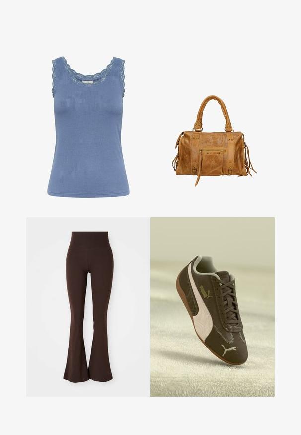 Giacca marrone a maniche lunghe con zip frontale completa, colletto alto e due tasche frontali, posata piatta su uno sfondo bianco.; Top tank blu con coste e pizzo lungo il colletto e le aperture delle maniche, caratterizzato da un design aderente e una texture morbida.; Leggings marroni a campana realizzati in tessuto morbido ed elastico, con una vita alta e una silhouette aderente che si allarga alla caviglia.; Sneaker Puma marrone con striscia e logo beige, allacciato, poggiato su una superficie beige testurizzata.; Borsa a mano in pelle color cuoio con due manici corti, tasca con zip, dettagli metallici e nappine decorative laterali. Texture morbida con una finitura leggermente stropicciata.