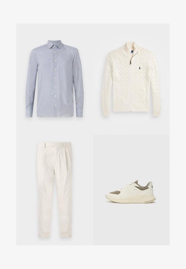 Balta megzta sv sweater su aukšta apykakle, pynimo raštu, užtrauktuku ir gumbinėmis rankovėmis. Su dviem priekinių kišenių ir mažu logotipu ant krūtinės.; Šviesiai mėlynas mygtukų užsegimas marškinis, dekoruotas raudono ir tamsiai mėlyno geometrinio rašto. Su smailiu apykakle ir ilgomis rankovėmis. Pagamintas iš lygaus audinio.; Balti, susiūtos kelnes, turinčios pritaikytą siluetą, pasižyminčias lygia tekstūra, dirželio kilpomis ir siaurėjančiomis kojomis. Nėra matomų kišenių ar raštų.; Baltas ir šviesiai bežinis sportinis kedas, su tinklo viršumi, perforuotais detalėmis ir tekstūruotu tarpine su logotipu ant kulno.