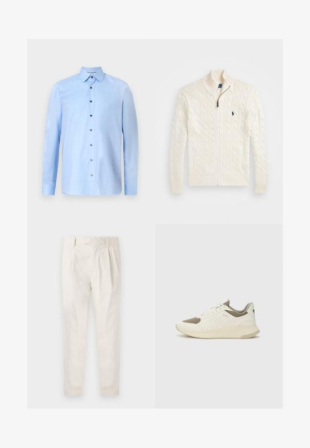 Bílý pletený svetr s vysokým límcem, kabelovým vzorem, zipovým zapínáním a žebrovanými manžetami. Má dvě přední kapsy a malé logo na hrudi.; Světlemodrá košile na knoflíky vyrobená z texturované látky, s klasickým límcem a kontrastními tmavými knoflíky vpředu. Dlouhé rukávy.; Bílé, plisované kalhoty s upraveným střihem, které mají hladkou texturu, poutka na opasek a zúžené nohavice. Bez viditelných kapes nebo vzorů.; Bílé a světle béžové atletické tenisky, které mají síťovaný svršek, perforované detaily a texturovanou mezipodešev s logem na patě.