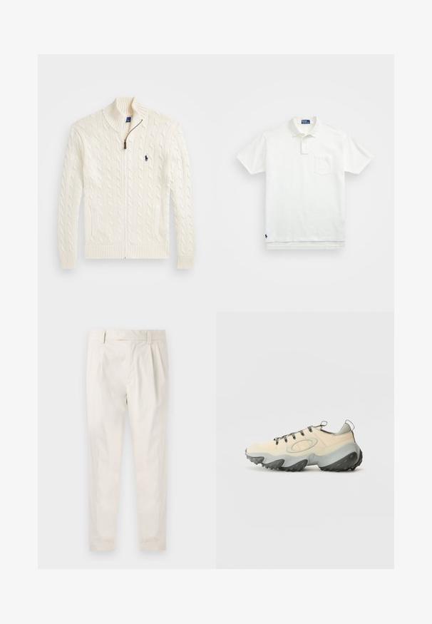 Valge kudumeste sviiter kõrge kraega, nöörmustri ja tõmblukuga, ribakätistega. Esipoolt kahte taskut ja rinna peal väike logo.; Valge polo särk, mis on valmistatud puuvillast, klassikalise kraega, kolme nööbiga kinnitusega ja vasakul rinnal taskuga; väike logo helmel.; Valged volditud püksid, mis on kohandatud sobivusega, sujuva tekstuuriga, vööloopidega ja kitsenevate jalgadega. Pole nähtavaid taskuid ega mustreid.; Beez športlikud, millel on tekstuuriga võrgust pealispind, hall kummist tallad, väljapaistev kaarjas disain ja hallid paelad. Omab kandmisnuppu kanna peal.