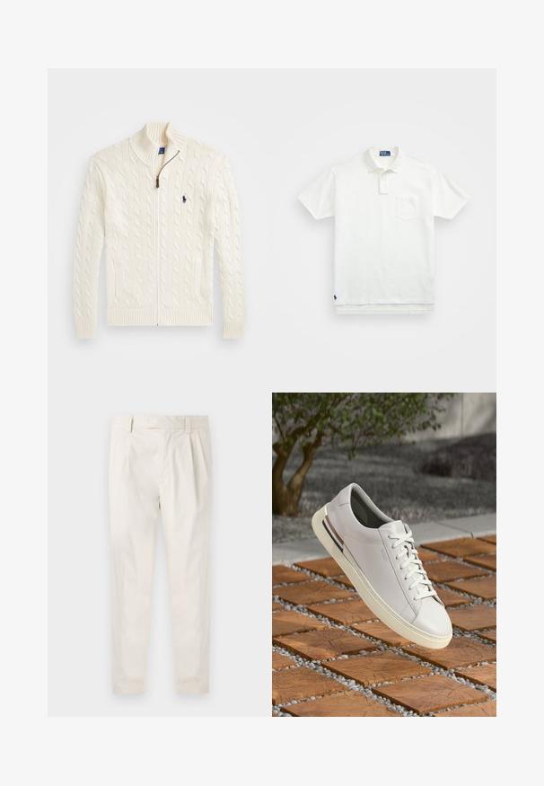 Bílý pletený svetr s vysokým límcem, kabelovým vzorem, zipovým zapínáním a žebrovanými manžetami. Má dvě přední kapsy a malé logo na hrudi.; Bílá polo košile vyrobená z bavlny, s klasickým límcem, tříknoflíkovou légou a kapsičkou na levé straně hrudi; malá nášivka na lemu.; Bílé, plisované kalhoty s upraveným střihem, které mají hladkou texturu, poutka na opasek a zúžené nohavice. Bez viditelných kapes nebo vzorů.; Bílé kožené tenisky s kulatou špičkou, šněrováním vpředu, krémovou gumovou podrážkou a hnědými akcenty. Texturovaný povrch ukazuje minimalistický design.