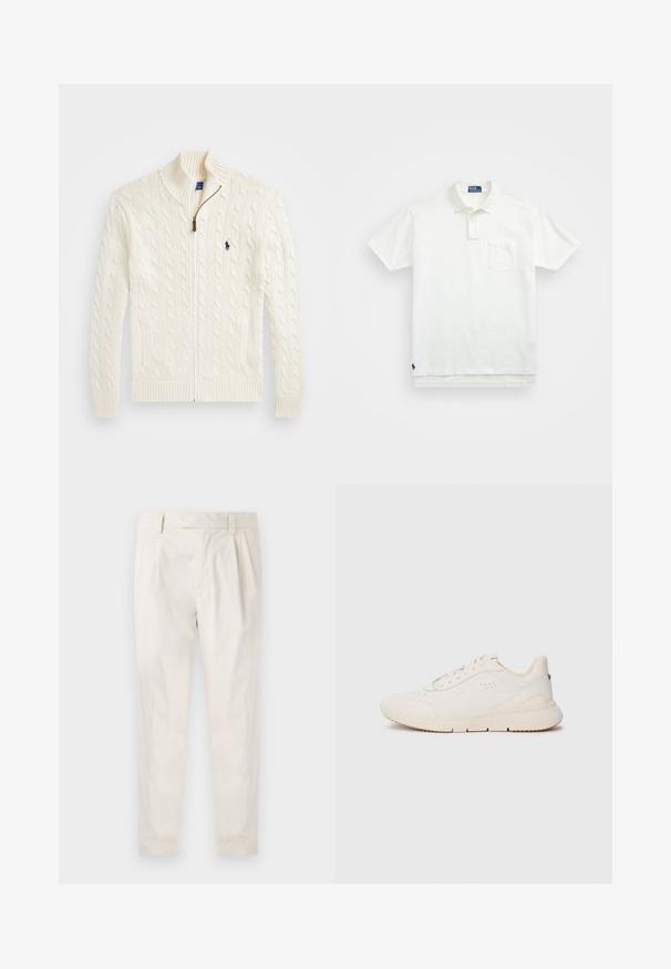 Strikket hvit genser med høy krage, kabelmønster, glidelås og ribbede mansjetter. Den har to lommer foran og en liten logo på brystet.; Hvit polo skjorte laget av bomull, med klassisk krage, tre-knapps ståkrage og lomme på venstre bryst; liten logo ved kanten.; Hvite, pregede bukser med skreddersydd passform, som har en jevn tekstur, beltehemper og avsmalnende ben. Ingen synlige lommer eller mønstre.; Hvit sneaker laget av teksturert materiale, med en glatt såle, snøring foran og subtil merkevare på hælen. Minimalistisk design.