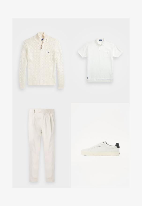 Bílý pletený svetr s vysokým límcem, kabelovým vzorem, zipovým zapínáním a žebrovanými manžetami. Má dvě přední kapsy a malé logo na hrudi.; Bílá polo košile vyrobená z bavlny, s klasickým límcem, tříknoflíkovou légou a kapsičkou na levé straně hrudi; malá nášivka na lemu.; Bílé, plisované kalhoty s upraveným střihem, které mají hladkou texturu, poutka na opasek a zúžené nohavice. Bez viditelných kapes nebo vzorů.; Bílé kožené tenisky s texturovaným povrchem, s černým patním krytem, kulatou špičkou a černým logem na boku. Lehká gumová podrážka.