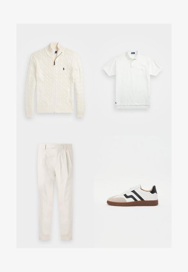 Strikket hvit genser med høy krage, kabelmønster, glidelås og ribbede mansjetter. Den har to lommer foran og en liten logo på brystet.; Hvit polo skjorte laget av bomull, med klassisk krage, tre-knapps ståkrage og lomme på venstre bryst; liten logo ved kanten.; Hvite, pregede bukser med skreddersydd passform, som har en jevn tekstur, beltehemper og avsmalnende ben. Ingen synlige lommer eller mønstre.; Hvit sneaker med svarte striper, suedetåhette og brun gummisåle. Jevnt lær øvre del med avrundet design.