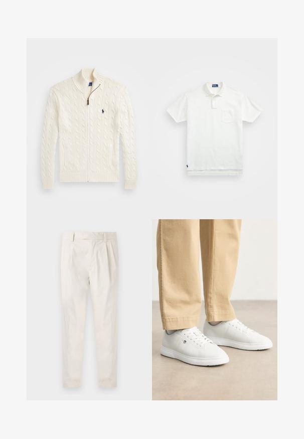 Knit white sweater with a high collar, cable pattern, zip closure, and ribbed cuffs. Featuring two front pockets and a small logo on the chest.; White polo shirt made of cotton, featuring a classic collar, three-button placket, and a left chest pocket; small logo at the hem.; White, pleated trousers with a tailored fit, featuring a smooth texture, belt loops, and tapered legs. No visible pockets or patterns.; White leather sneakers with a smooth finish, featuring round toe, lace-up design, and subtle logo detail on the side, paired with beige pants.