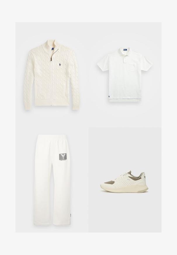 Adīta balta džemperis ar augstu apkakli, acu rakstu, ar rāvējslēdzēju un ribotām piedurknēm. Izgatavots ar divām priekšējām kabatām un mazu logotipu uz krūtīm.; Balta polo krekls, izgatavots no kokvilnas, ar klasisku apkakli, trīs pogu aizdari un kreisajā krūtī kabatu; neliels logo apakšmalā.; Baltas kokvilnas sporta bikses ar elastīgu jostas vietu, kuras kreisajā pusē ir melns un pelēks grafiskais logo uzlīmē.; Baltas un gaiši bež sporta apavi, ar sieta augšdaļu, perforētiem detaļām un teksturētu vidusdaļu ar zīmolu uz papēža.