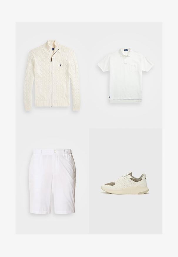 Biely pletený sveter s vysokým golierom, káblovým vzorom, zipsovým zapínaním a rebrovanými manžetami. Obsahuje dve predné vrecká a malé logo na hrudi.; Biela polo tričko vyrobené z bavlny, s klasickým golierom, trojbuttonovou légou a vreckom na ľavej hrudi; malé logo na spodnom leme.; Biele šortky vyrobené z hladkej tkaniny, s gombíkovým zapínaním, elastickým pásom a bočnými vreckami. Jednoduchý, rovný strih.; Biele a svetlo béžové športové tenisky s hornou časťou z mriežkového materiálu, perforovanými detailmi a textúrovanou medzipodrážkou s logom na päte.