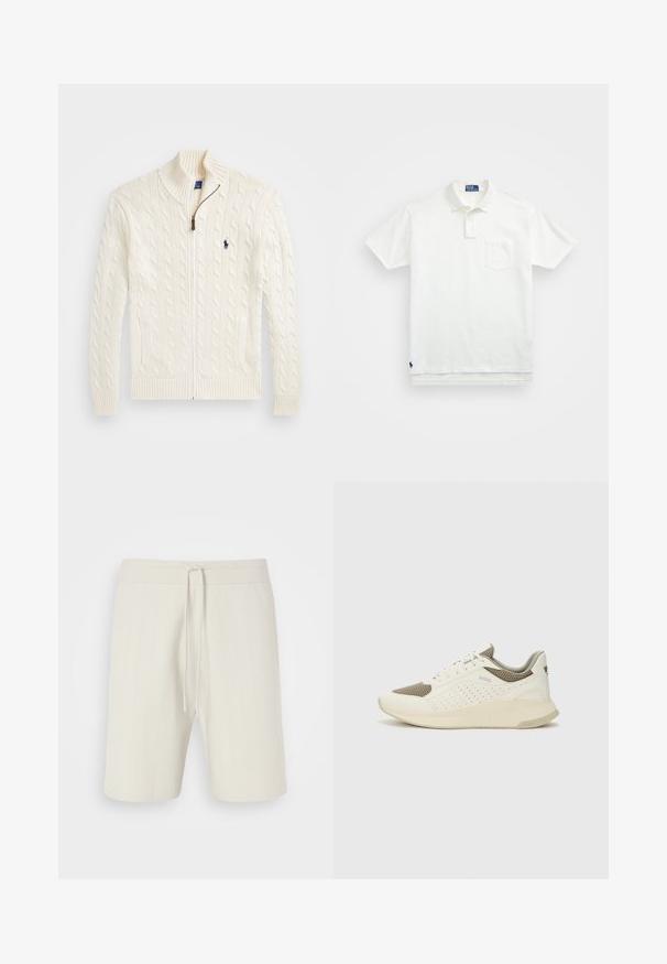 Weißer Strickpullover mit hohem Kragen, Kabelmuster, Reißverschluss und gerippten Bündchen. Mit zwei Fronttaschen und einem kleinen Logo auf der Brust.; Weißes Poloshirt aus Baumwolle, mit klassischem Kragen, Drei-Knopf-Leiste und einer linken Brusttasche; kleines Logo am Saum.; Helle beige Shorts aus strukturiertem Stoff, mit einem elastischen Bund und einem knielangen Design mit dezenten vertikalen Streifen.; Weiße und hellbeige Sport Sneakers, ausgestattet mit einem Obermaterial aus Netzgewebe, perforierten Details und einer strukturierten Zwischensohle mit Branding an der Ferse.