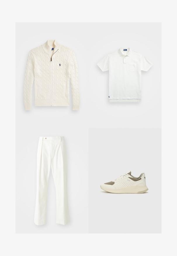 Fehér kötött pulóver magas gallérral, kábelmintázattal, cipzáros záródással és bordázott mandzsettával. Két előlapi zsebbel és egy kis logóval a mellkason.; Fehér pólóing, pamutból készült, klasszikus gallérral, háromgombos végigfutóval és bal oldali zsebével; kis logó a szegélyen.; Fehér, egyenes szárú nadrág sima anyagból, egyelőre egy elülső redővel, elülső zsebekkel és gombos derékzárral.; Fehér és világos bézs sportcipő, légies hálós felsőrésszel, perforált részletekkel és texturált középtalppal, amelyen a saroknál a márka logója található.