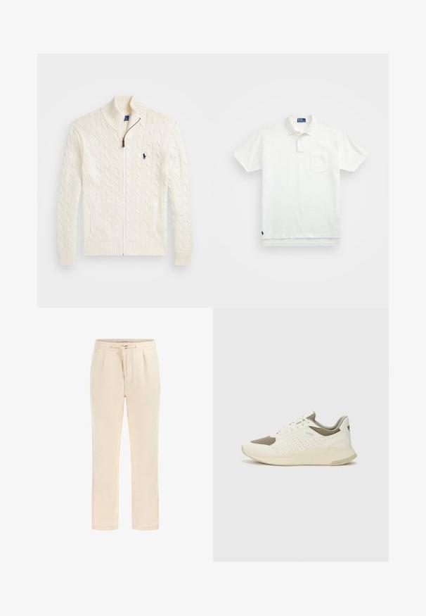 Weißer Strickpullover mit hohem Kragen, Kabelmuster, Reißverschluss und gerippten Bündchen. Mit zwei Fronttaschen und einem kleinen Logo auf der Brust.; Weißes Poloshirt aus Baumwolle, mit klassischem Kragen, Drei-Knopf-Leiste und einer linken Brusttasche; kleines Logo am Saum.; Beige Jogginghose aus weichem Stoff mit elastischem Bund, Kordelzug und Seitentaschen. Gerades Bein Design mit glatter Textur.; Weiße und hellbeige Sport Sneakers, ausgestattet mit einem Obermaterial aus Netzgewebe, perforierten Details und einer strukturierten Zwischensohle mit Branding an der Ferse.
