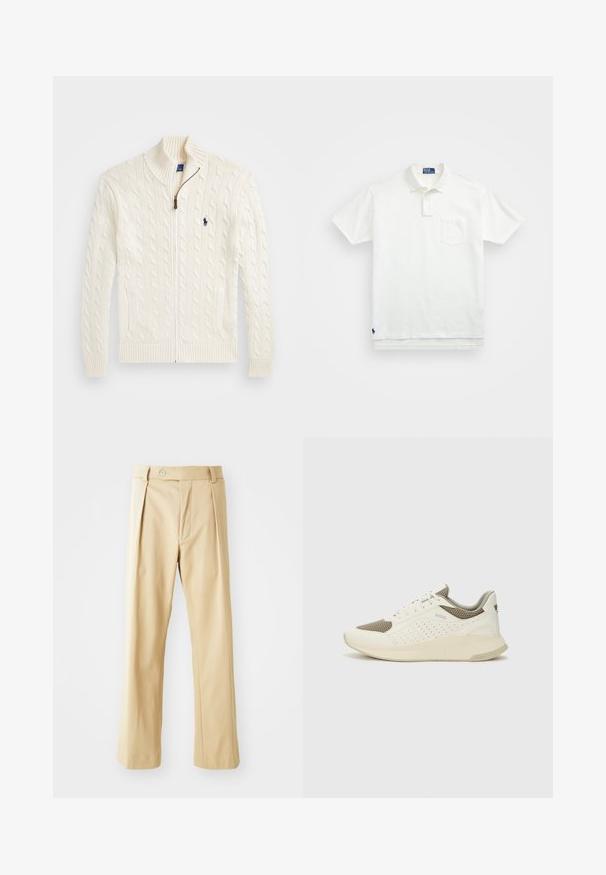 Fehér kötött pulóver magas gallérral, kábelmintázattal, cipzáros záródással és bordázott mandzsettával. Két előlapi zsebbel és egy kis logóval a mellkason.; Fehér pólóing, pamutból készült, klasszikus gallérral, háromgombos végigfutóval és bal oldali zsebével; kis logó a szegélyen.; Beige színű, egyenes szabású nadrág, elöl pliszírozott, gombbal záródik, sima textúrájú. Nincsenek látható minták vagy díszítések.; Fehér és világos bézs sportcipő, légies hálós felsőrésszel, perforált részletekkel és texturált középtalppal, amelyen a saroknál a márka logója található.
