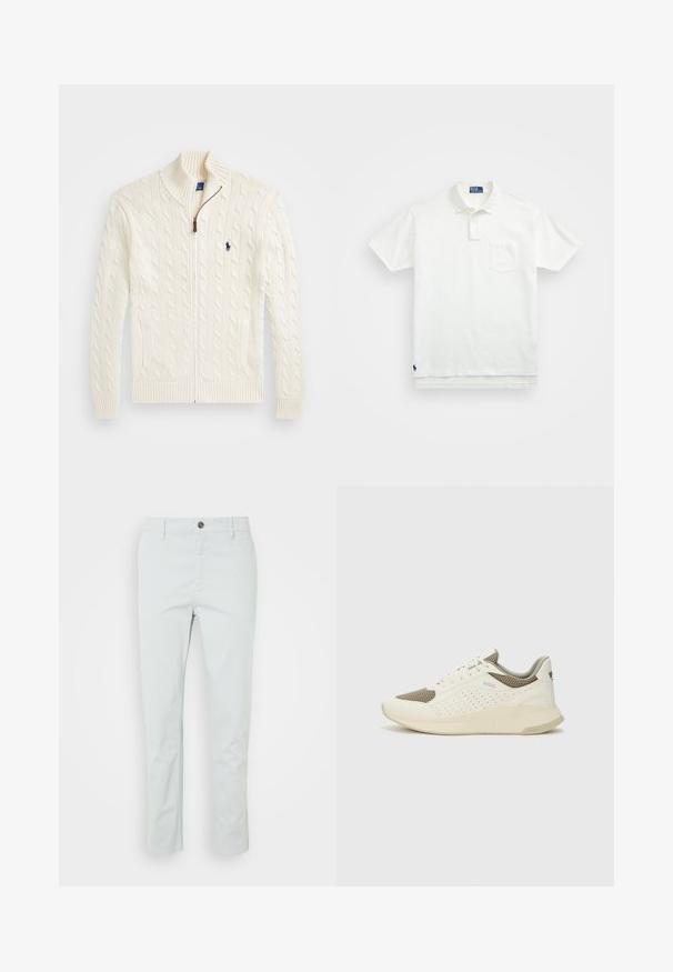 Fehér kötött pulóver magas gallérral, kábelmintázattal, cipzáros záródással és bordázott mandzsettával. Két előlapi zsebbel és egy kis logóval a mellkason.; Fehér pólóing, pamutból készült, klasszikus gallérral, háromgombos végigfutóval és bal oldali zsebével; kis logó a szegélyen.; Világoszöld, egyenes fazonú pamut nadrág, elülső gombos záródással és oldalsó zsebekkel. Sima textúra, minták nélkül.; Fehér és világos bézs sportcipő, légies hálós felsőrésszel, perforált részletekkel és texturált középtalppal, amelyen a saroknál a márka logója található.