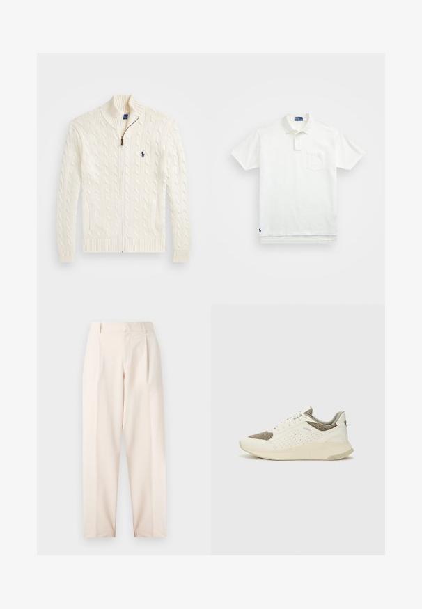 Pletena bela jopica z visokim ovratnikom, kabelskim vzorcem, zadrgo in rebrastimi manšetami. Ima dva sprednja žepa in majhno logotip na prsih.; Bela polo majica iz bombaža, z klasičnim ovratnikom, trojnim gumbom in žepom na levi strani prsnega predela; majhna blagovna znamka na robu.; Bež hlače z visoko pasom, nabranji in ravnim krojem. Narejene iz gladkega materiala s stranskimi žepi in čisto obdelavo.; Beli in svetlo bež športni copat, s mrežastim zgornjim delom, perforiranimi detajli in teksturirano srednjim delom z blagovno znamko na peti.