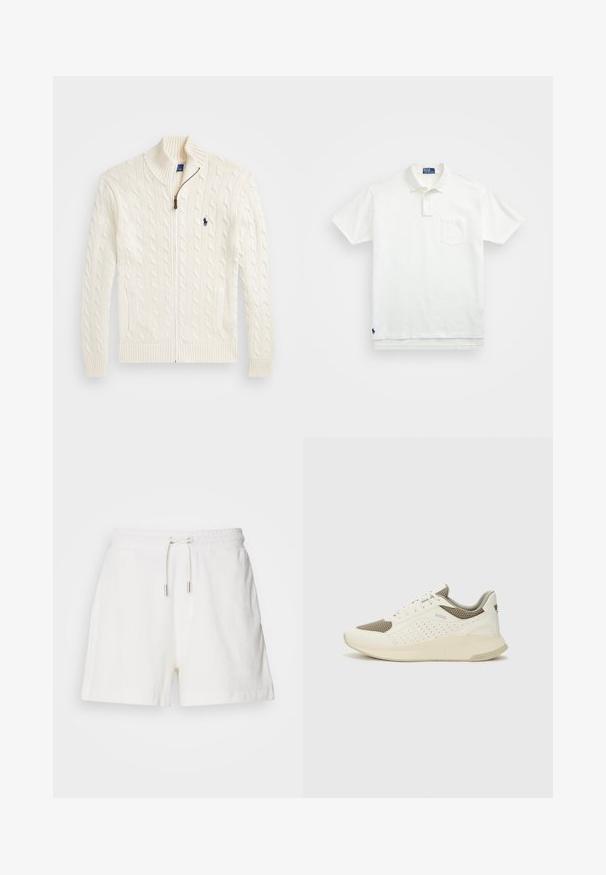 Maglione bianco lavorato a maglia con colletto alto, motivo a trecce, chiusura con zip e polsini a costine. Dotato di due tasche frontali e di un piccolo logo sul petto.; Polo bianco in cotone, con colletto classico, placca con tre bottoni e taschino sul lato sinistro del petto; piccolo logo sull'orlo.; Shorts di cotone bianco, morbidi e con vita elasticizzata, cordoncino regolabile e tasche laterali. Texture liscia, vestibilità comoda e lunghezza a metà coscia.; Sneaker atletica bianca e beige chiaro, con tomaia in mesh, dettagli perforati e una suola intermedia texturizzata con marchio sul tallone.