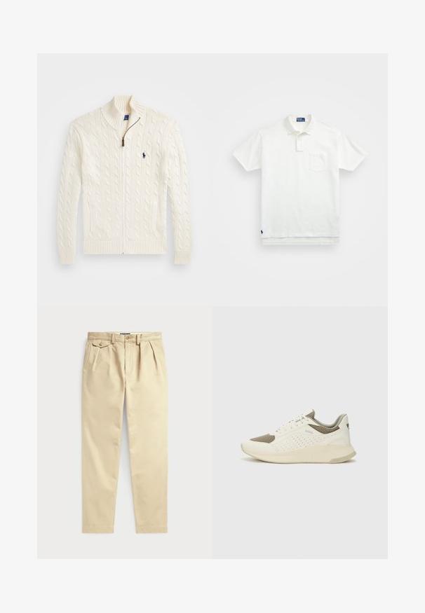 Κομμένο λευκό πουλόβερ με ψηλή κολάρο, κομμάτι καρούλας, κλείσιμο με φερμουάρ και ραμμένα μανίκια. Διαθέτει δύο μπροστινές τσέπες και ένα μικρό λογότυπο στο στήθος.; Λευκή πόλο μπλούζα από βαμβάκι, με κλασικό γιακά, τριπλή κουμπιέρα και τσέπη στο αριστερό στήθος; μικρό λογότυπο στο μανίκι.; Κρέμ βαμβακερό παντελόνι με χαλαρή εφαρμογή, διαθέτοντας πλαϊνές πιέτες, δύο πλαϊνές τσέπες και κλείσιμο με κουμπί. Λείος υφασμάτινος ιστός.; Λευκό και ανοιχτό μπεζ αθλητικό παπούτσι, με επάνω μέρος από διχτυωτό υλικό, διακοσμήσεις με περφορέ και υφή στην ενδιάμεση σόλα με επωνυμία στη φτέρνα.