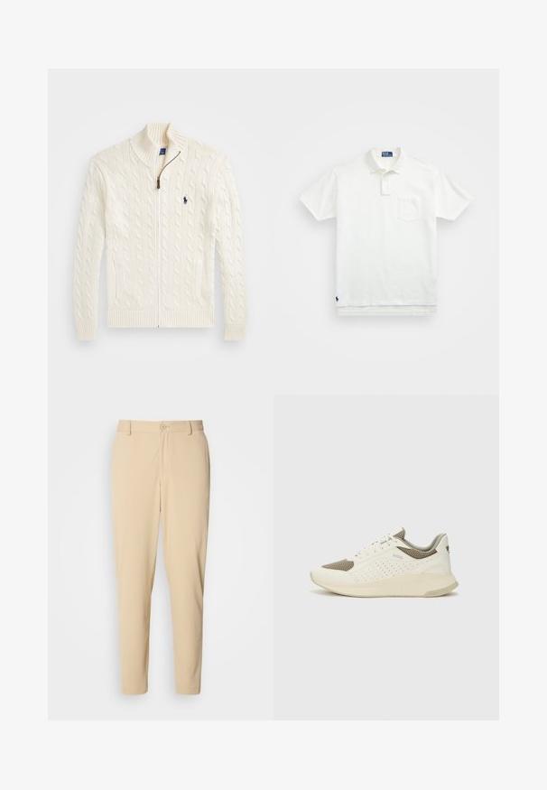 Adīta balta džemperis ar augstu apkakli, acu rakstu, ar rāvējslēdzēju un ribotām piedurknēm. Izgatavots ar divām priekšējām kabatām un mazu logotipu uz krūtīm.; Balta polo krekls, izgatavots no kokvilnas, ar klasisku apkakli, trīs pogu aizdari un kreisajā krūtī kabatu; neliels logo apakšmalā.; Beidzs, teksturēti bikses ar slaidu piegriezumu, ar priekšējo pogu aizdari, jostas cilpām un sānu kabatām. Gluda auduma apdare.; Baltas un gaiši bež sporta apavi, ar sieta augšdaļu, perforētiem detaļām un teksturētu vidusdaļu ar zīmolu uz papēža.