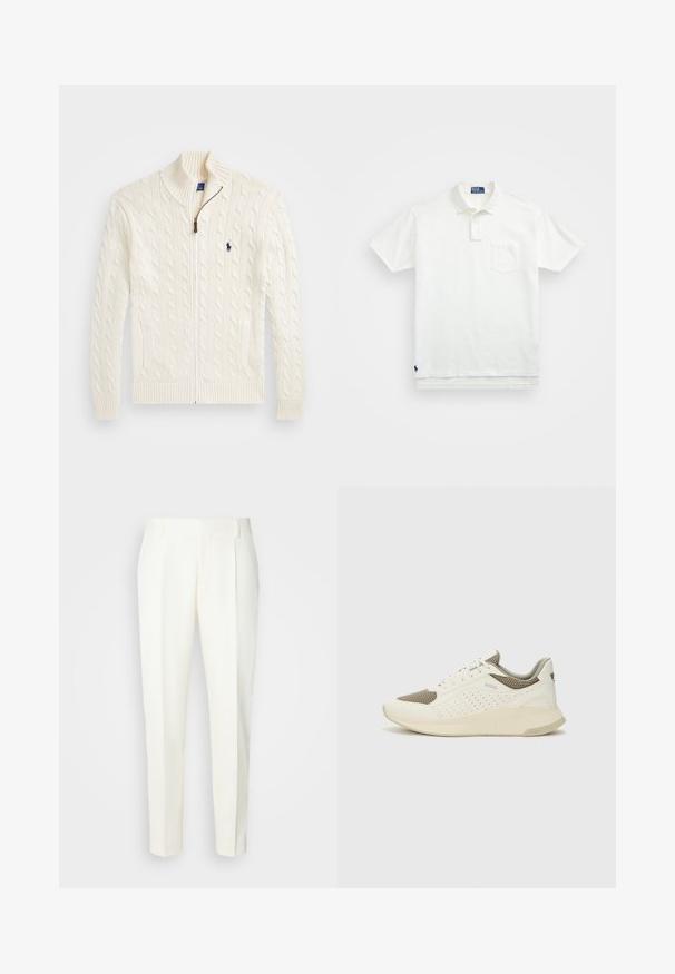 Suéter blanco de punto con cuello alto, patrón de trenzas, cierre de cremallera y puños acanalados. Presenta dos bolsillos frontales y un pequeño logo en el pecho.; Camisa polo blanca de algodón, con un collar clásico, una tapeta de tres botones y un bolsillo en el pecho izquierdo; pequeño logo en el dobladillo.; Pantalones blancos ajustados con corte recto, que presentan pliegues en la parte delantera y una textura lisa. Sin bolsillos visibles ni adornos.; Zapatilla deportiva en blanco y beige claro, con parte superior de malla, detalles perforados y una mediasuela texturizada con la marca en el talón.